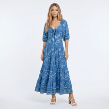 Caroline Constas Blue Floral Cottagecore Boho Puff Sleeve Maxi Dress Medium