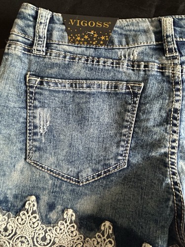 NEW Girl Size 16 VIGOSS Chelsea Shorts Distressed Blue Jean Stretch Denim Lace - Picture 10 of 10