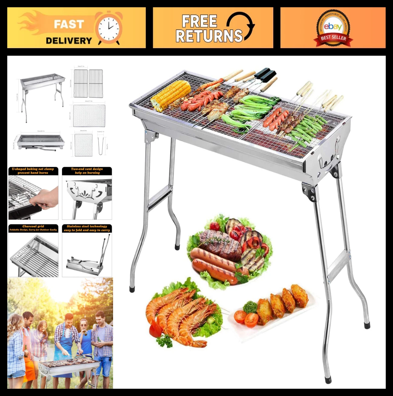 Portable Stainless Steel Charcoal Grill - Folding BBQ Tool Kit for Outdoor Cooki