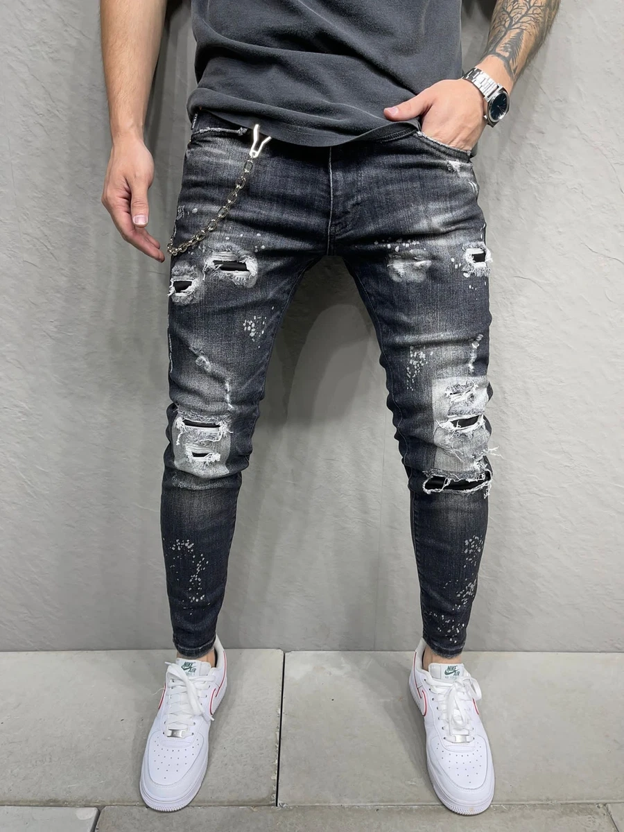 Men's Distressed Black Jeans Skinny Fit Ripped Denim Pants, FREE FAST  SHIPPING