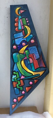 Original Painting ''Moon Dog'' Signed by Artist Unusually Shaped Oil on Canvas - 1