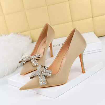 Decolte Scarpe Donna 10 cm Champagne Strass Raso Eleganti Pelle