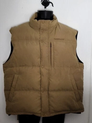 Timberland WeatherGear Men Brown Tan Sz L Duck Down Camping Hunting Vest Outdoor