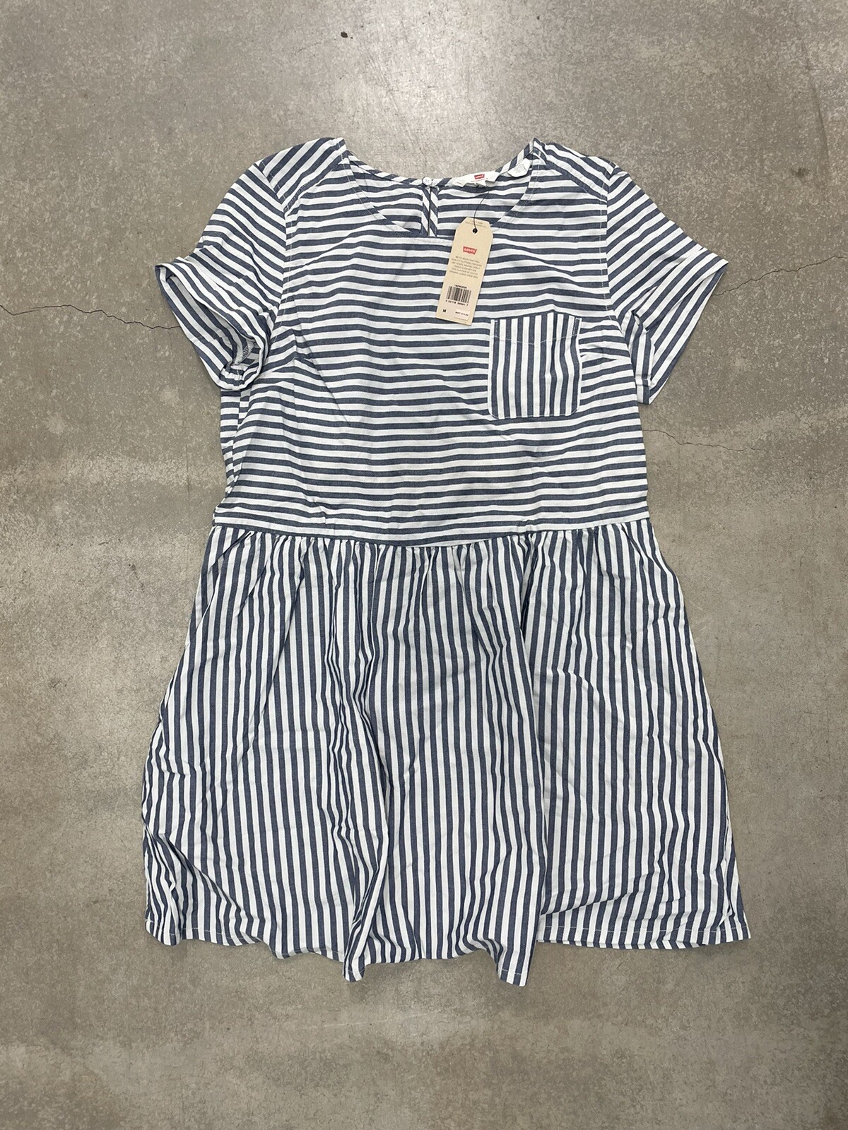 Levi's Fit & Flare Dress Blue White Striped Cotton Sundress Womens Medium New
