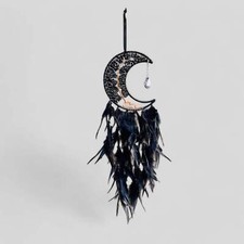Medium Wall Hanging Crescent Moon Dream Catcher with Black Obsidian Stones  Han