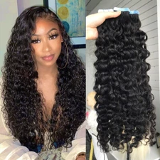 Full head 24" Curly PU Injected Invisible Tape in Natural Remy Human Hair 100g