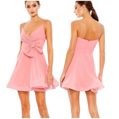 Mac Duggal NWT Faux Wrap Bow Detail Flowy Mini Dress Pink Size 10 Chiffon Tulle