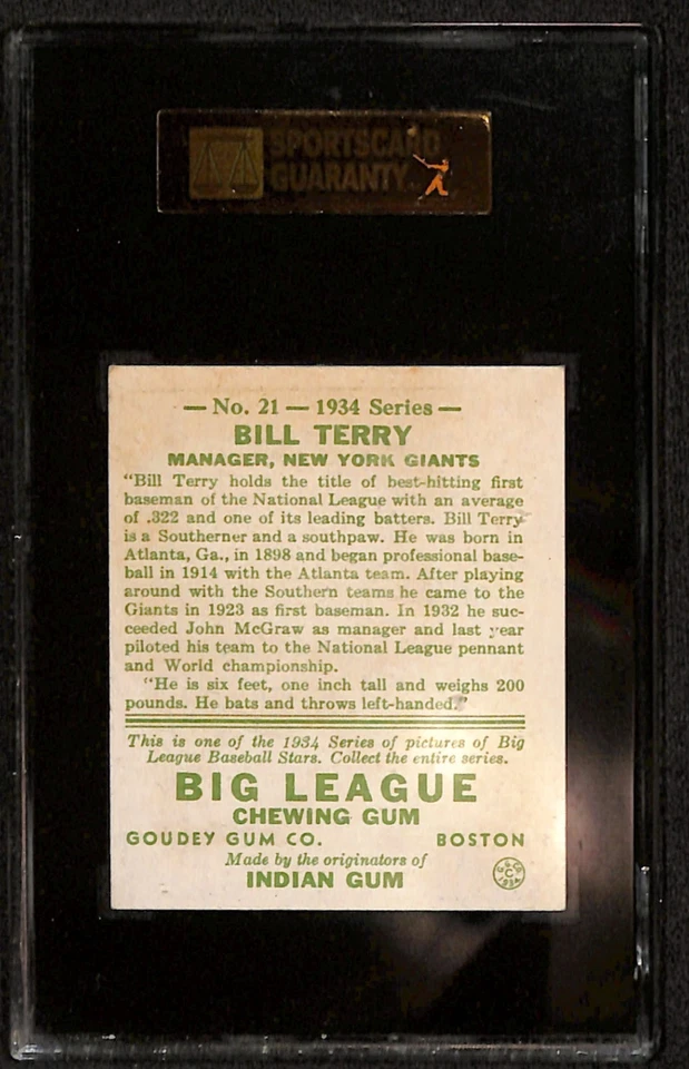 1934 Goudey Bill Terry New York Giants No12 SGC5 HOF - Изображение 2 из 2