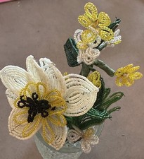 Vintage French Seed Bead Flowers Handmade Stems Yellow And White