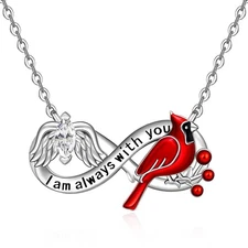 Sterling Silver Cardinal Necklace, Women's Memorial Angel Wing Infinity Pendant