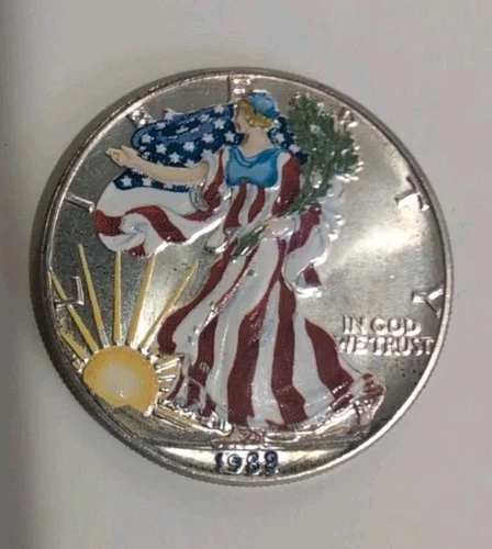 1989 AMERICAN EAGLE COLORIZED 1 OUNCE .999 FINE SILVER DOLLAR COIN