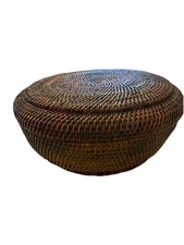 Antique Wicker Hand Painted Sewing Basket With Lid