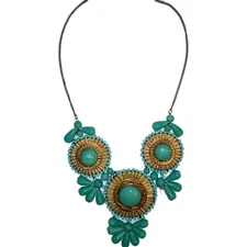 Zad Signed Gold Wire Turquoise Bead Bib Necklace Boho Floral Cabochon Statement