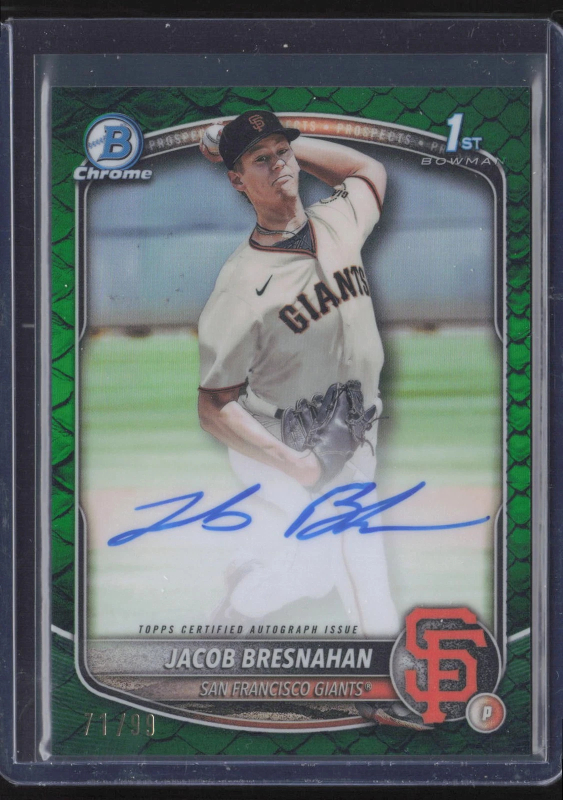 2025 Bowman #CPA-JBR GREEN REPTILIAN /99 Jacob Bresnahan Chrome ON CARD AUTO