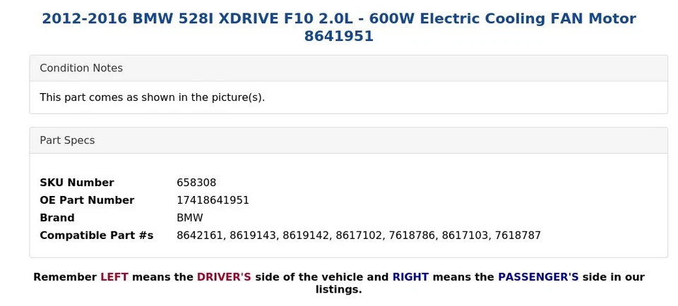 BMW 528I XDRIVE F10 2012-2016 2,0 L - 600 W motor ventilador de refrigeración eléctrico 8641951 Foto 3 de 4