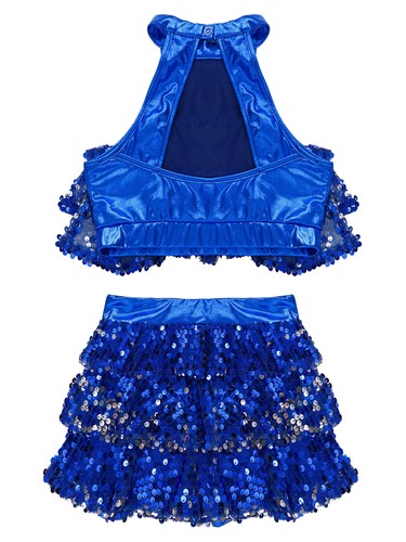 Girls Latin Salsa Samba Rumba Dancewear Sequins Tiered Crop Top with Skirts - Picture 51 of 71