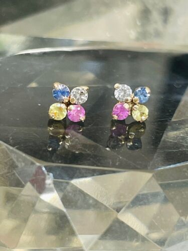 3mm Round Lab-Created Rainbow Sapphire Flower Stud Earrings 14K White Gold Over - Picture 3 of 6