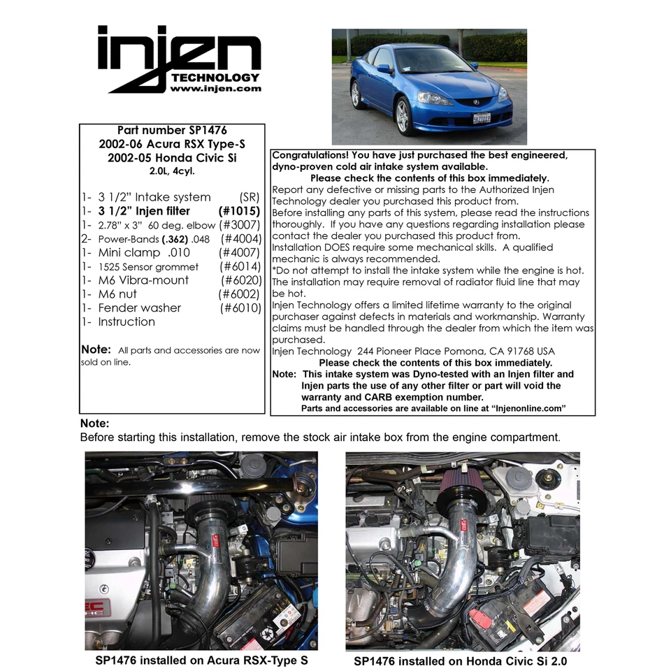 Entrada de aire frío Injen SP1476BLK para 02-06 Acura RSX tipo S / 02-05 Civic Si 2,0 L Foto 4 de 4