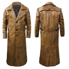 MEN'S CLASSIC VINTAGE TRENCH COAT REAL LEATHER DUSTER COAT MEN WEAR