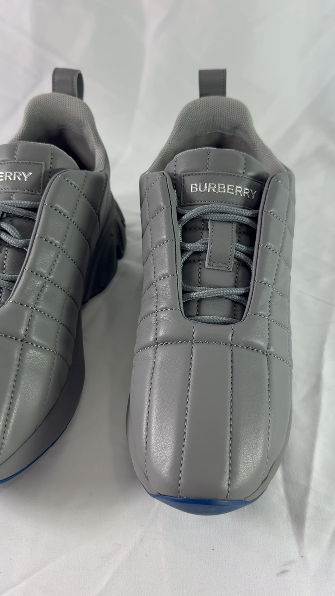 $850 BURBERRY Grey Leather Auxburton Quilted Women Sneakers Made