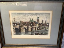 Vtg Wurzburg Bridge Germany Architectural Etching Framed 14.5”T 12.5”T Signed