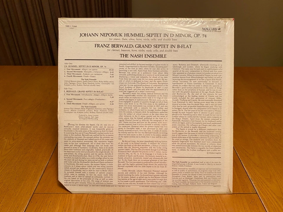 JOHANN NEPOMUK HUMMEL Nash Ensemble FRANZ BERWALD Septet in D VANGAURD LP SEALED - Image 2 of 4
