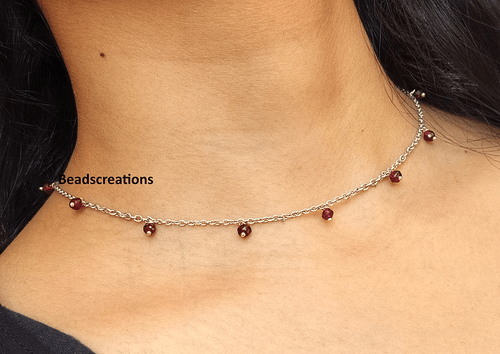 3mm Faceted Dark Red Garnet Beads Sterling Silver Chain Necklace Gift for Woman - Picture 5 of 6