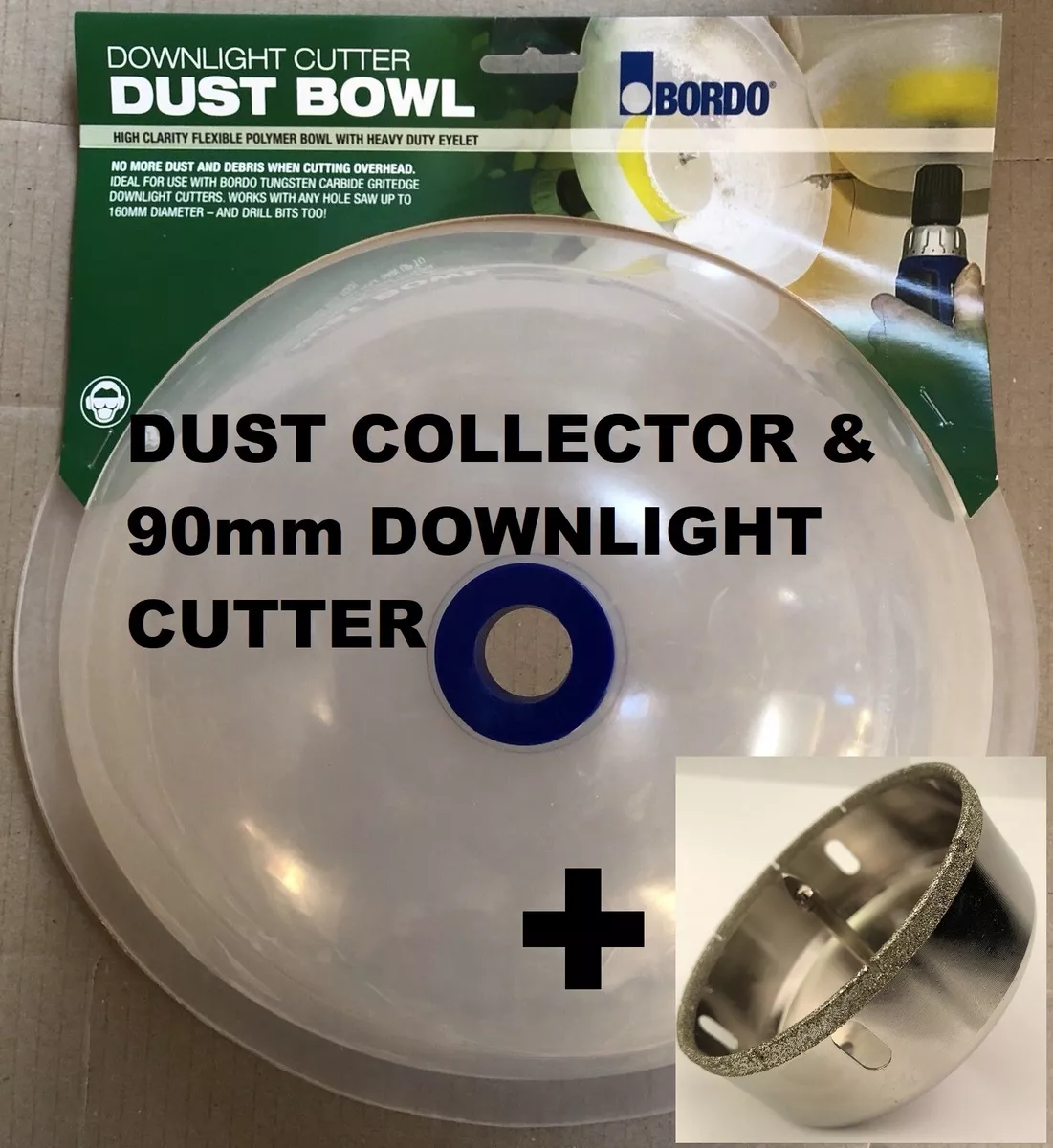 BORDO HOLESAW DUST COLLECTOR BOWL 90mm DOWNLIGHT CUTTING HOLE SAW COVER package