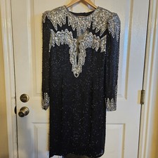 Silk Beaded Dress L 12 Black Silver Vintage Beaded Midi sleeves Nite Line