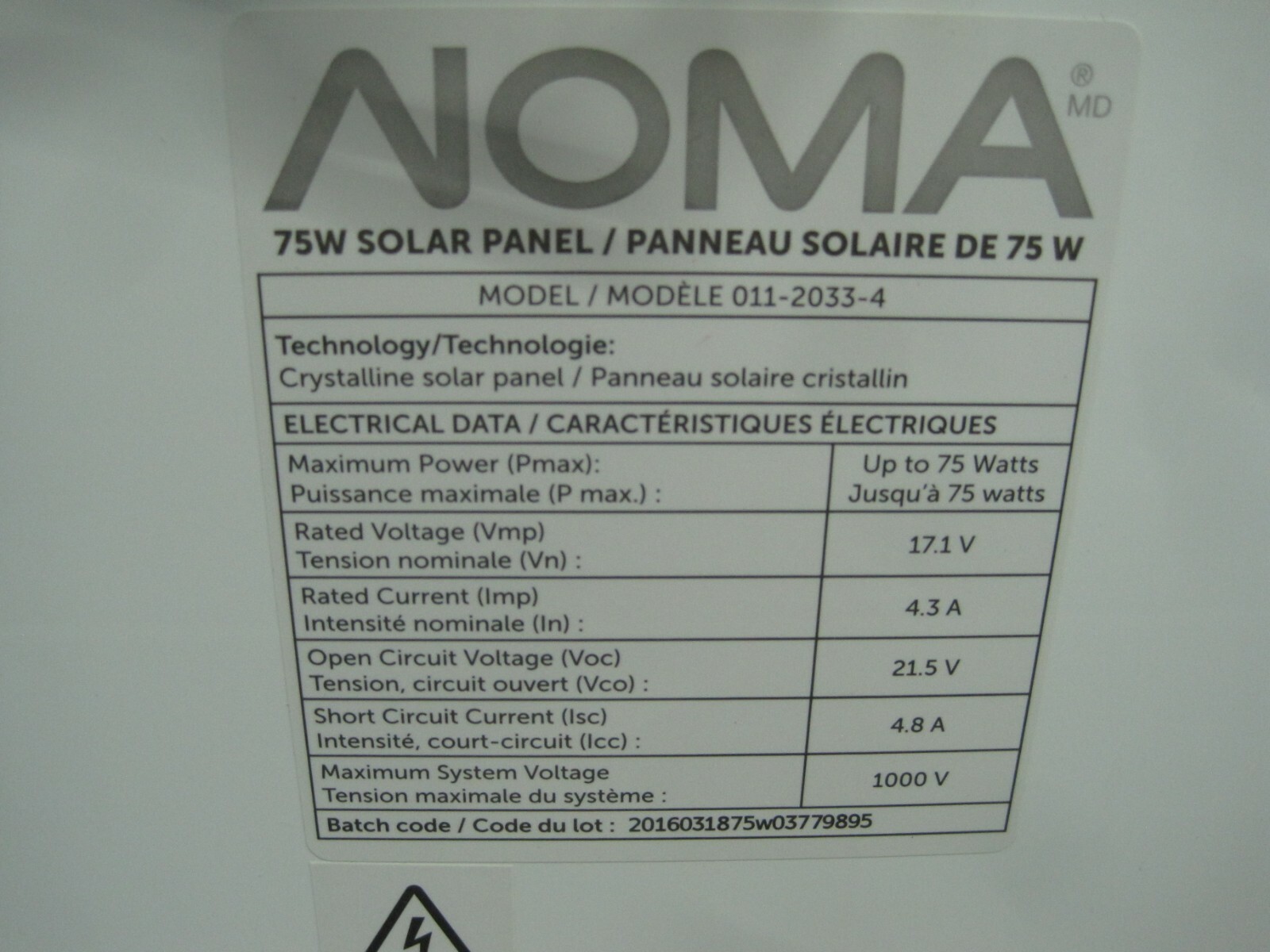 NEW IN BOX NOMA 75 Watt Crystalline Solar Panel Free Shipping