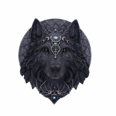Dunkler Gothic Magischer Wolf Mond Blau Edelsteine Wandbehang Plakette 30cm.Top.
