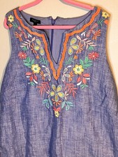 Talbots Women Sleeveless Embroidered short dress Floral 6 6p chambray Linen boho