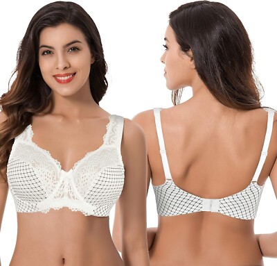 Curve Muse Women's Minimizer Unlined Underwire Bra 2-Pack - Lace Embroidery, Gray & Nude, 46D