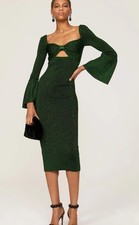 Self Portrait Green Rib Knit Bell Sleeve Cutout Metallic Midi Dress Size M