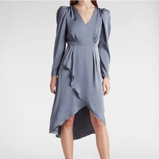 Express Satin Puff Shoulder Midi Dress XXS