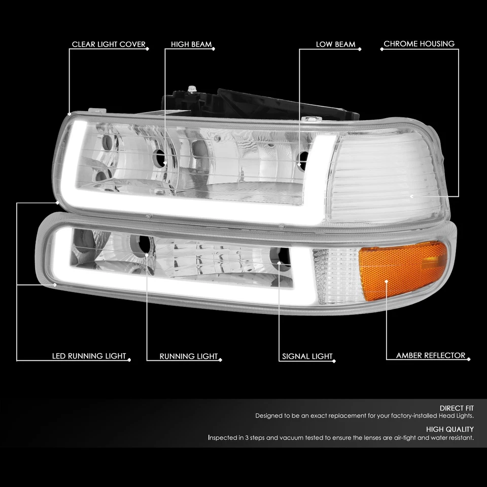 Fit 99-02 Silverado Suburban DRL LED 灯条 2 型铬琥珀色车头灯 — 第 2/4 张图片