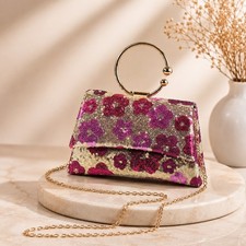 Champagne Floral Sequin Clutch Bag Women's Evening Purse Chain Shoulder Wedding