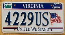 WEST VIRGINIA UNITED WE STAND LICENSE PLATE " 4229 " WV FREEDOM FLAG