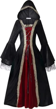 Women Medieval Tea Party Dress Victorian Era Bubble Sleeves Velvet High Waist Lo
