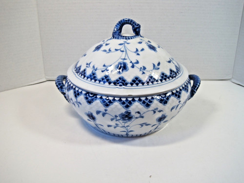 B & G Denmark Blue Embossed Scales Seahorse Handles Small Tureen 7.5" H 11" L