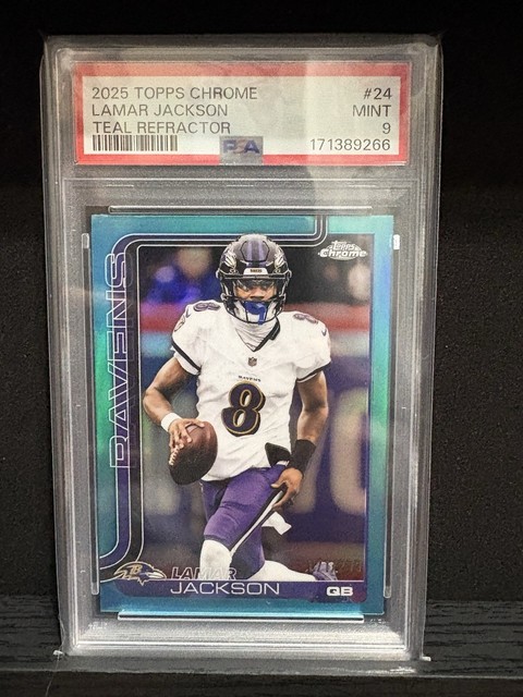 LAMAR JACKSON 2025 Topps Chrome TEAL REFRACTOR #/299 Baltimore Ravens - PSA 9