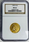 1909 D US American Half Eagle Indian Head Early Gold Coin $5 Dollar MS-62 NCG — photo 1