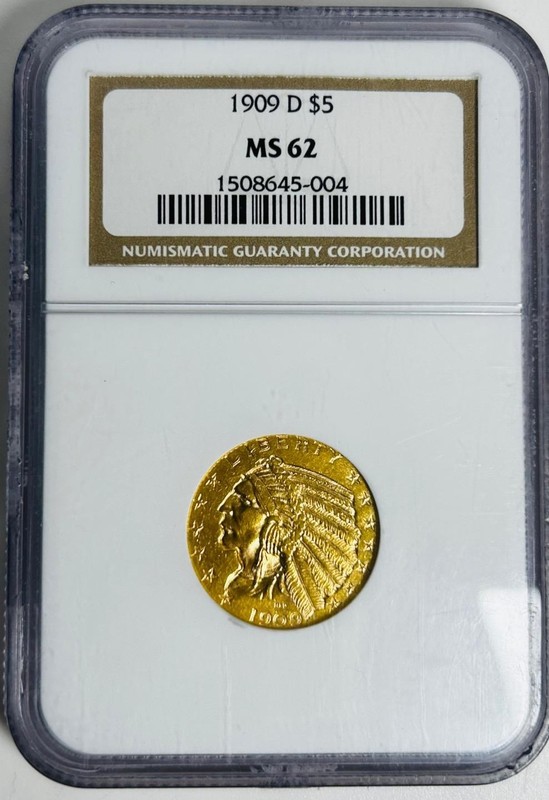 1909 D US American Half Eagle Indian Head Early Gold Coin $5 Dollar MS-62 NCG