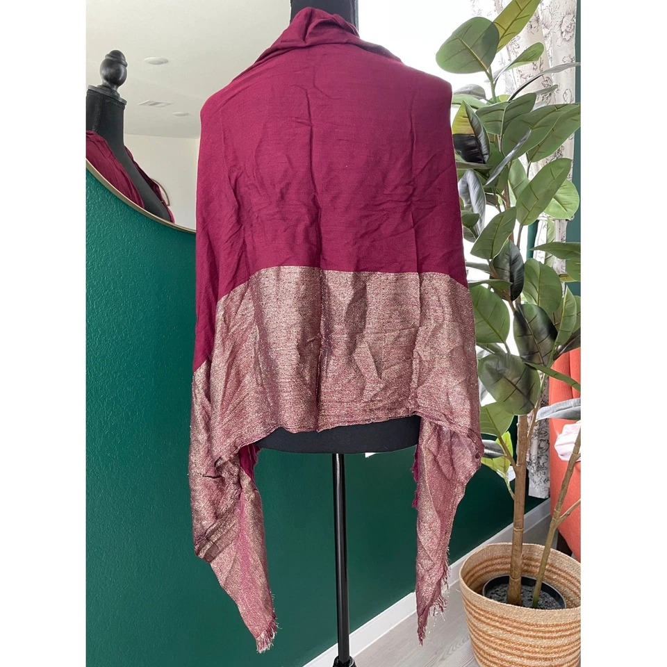 Fringe Burgundy Metallic Shawl Scarf Wrap Boho Romantic Holiday Winter Cozy - Image 2 of 4