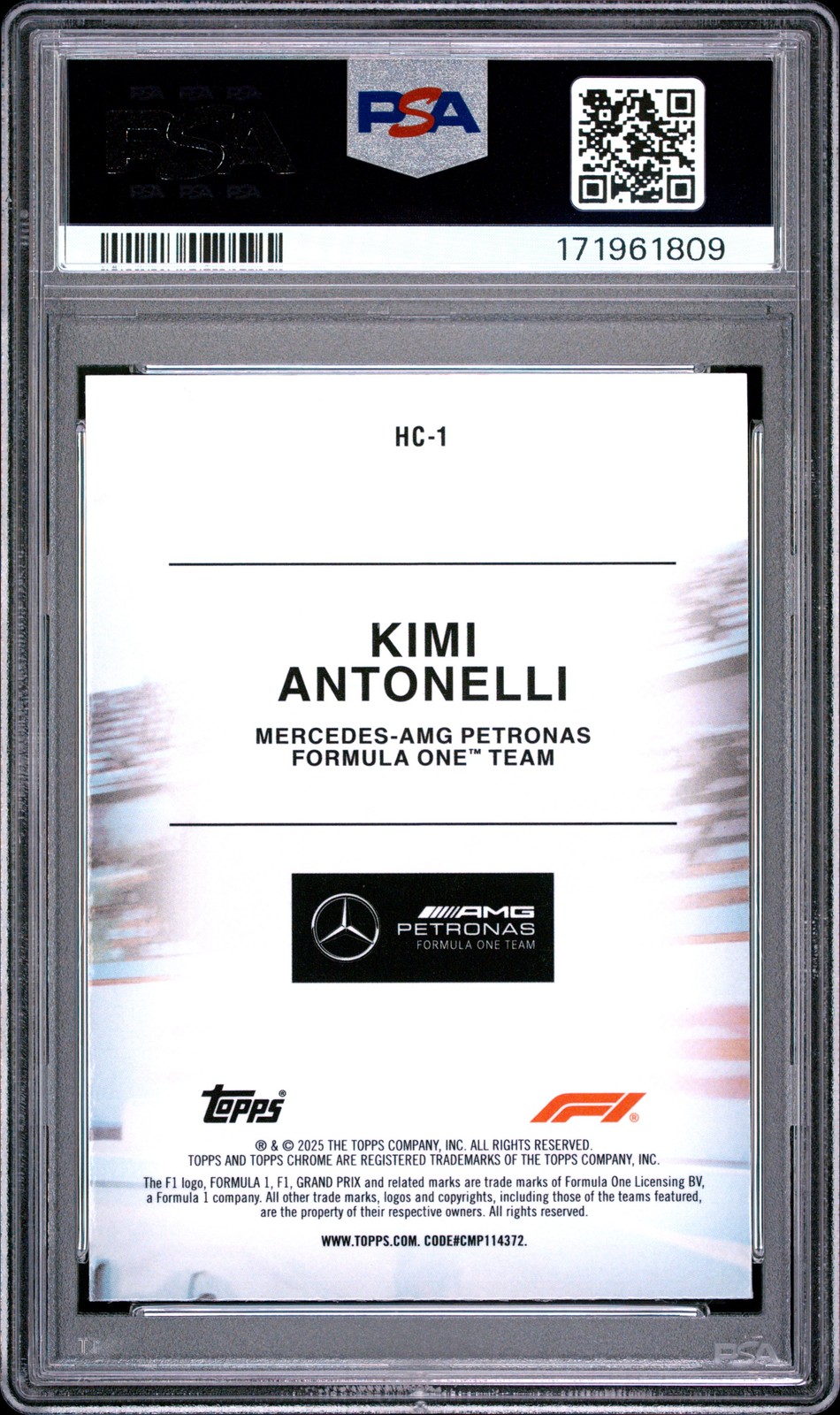 2025 TOPPS CHROME FORMULA 1 HELMET COLLECTION #HC-1 KIMI ANTONELLI RC PSA 9 view 2