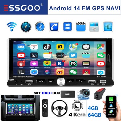 Autoradio 1 Din DVR 6.9 Zoll Bildschirm Android 14 mit Apple CarPlay 4+64G +DAB