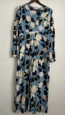 White Stuff Blue Floral Print Cotton Blend Jersey Midi Dress Size 14 