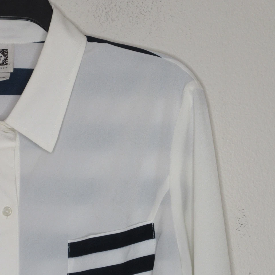 Blusa para mujer Anne Klein blanca con cuello delantero a rayas trasera semi transparente XL B77 Foto 4 de 4