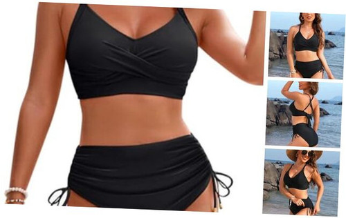 Womens High Waisted Bikini Sets Drawstring Tummy Control Swimsuits Small Black
