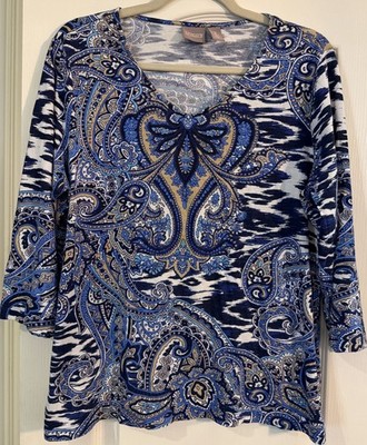 Chico's 3/4 sleeve Blue Paisley Cotton Blend Knit Top Pullover - Sz 2 (L)